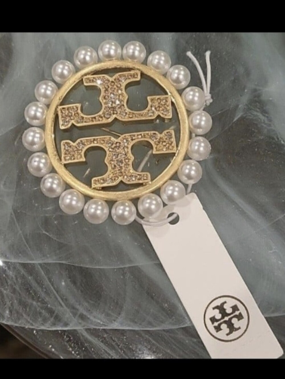 Tory Burch Gold and Pearl Logo Brooch